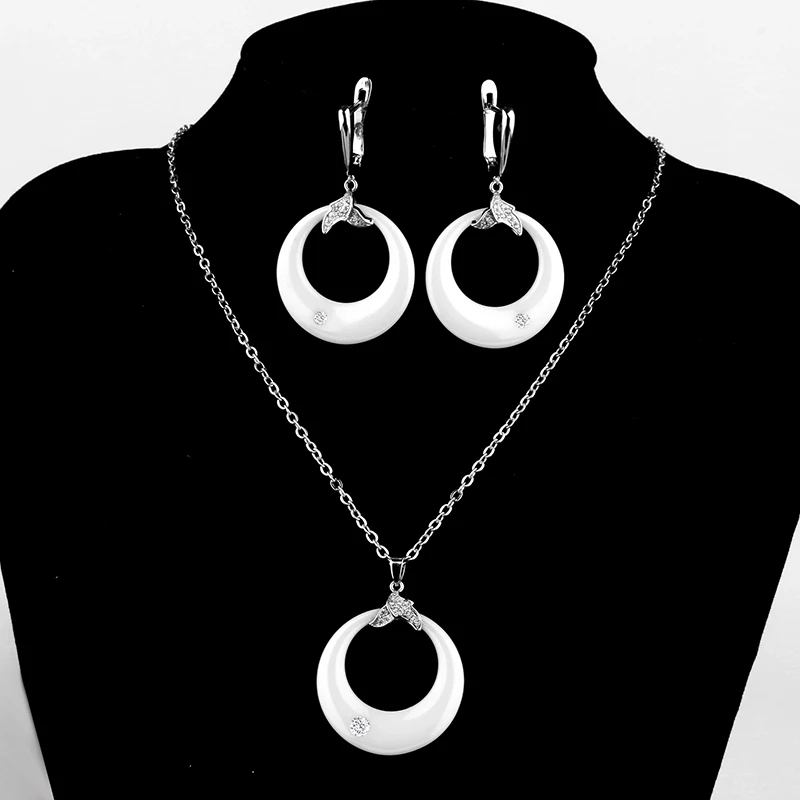 Черно-белые серьги и кулон ювелирный набор с камнем для женщин bijoux mariage из нержавеющей стали Белые керамические серьги свадебный набор