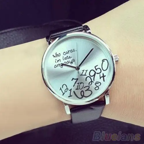 Women's Men's Who Cares Faux Leather Arabic Numerals Letters Printed Wrist Watch hot Bracelet | Наручные часы
