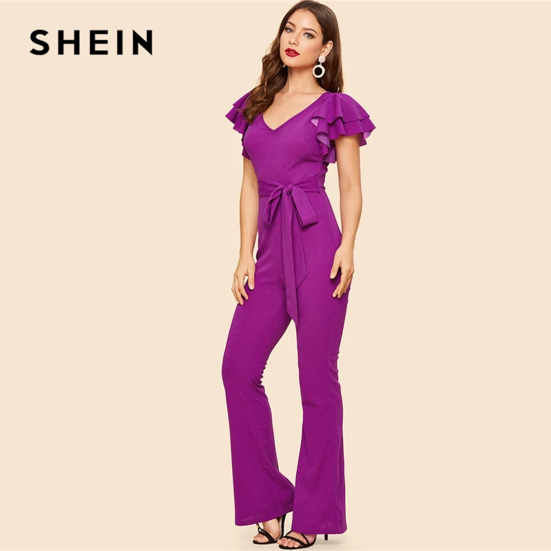 SHEIN Элегантный Комбинезон С Поясом Яркий Оригинальным Рукавом И V Образным