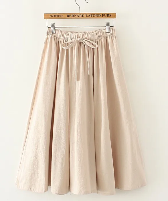 khaki Женские хлопковые льняные одноцветные юбки, новые весенние летние модные M-7XL трапециевидной формы со шнуровкой, повседневные свободные женские тонкие белые юбки с высокой талией - Цвет: khaki