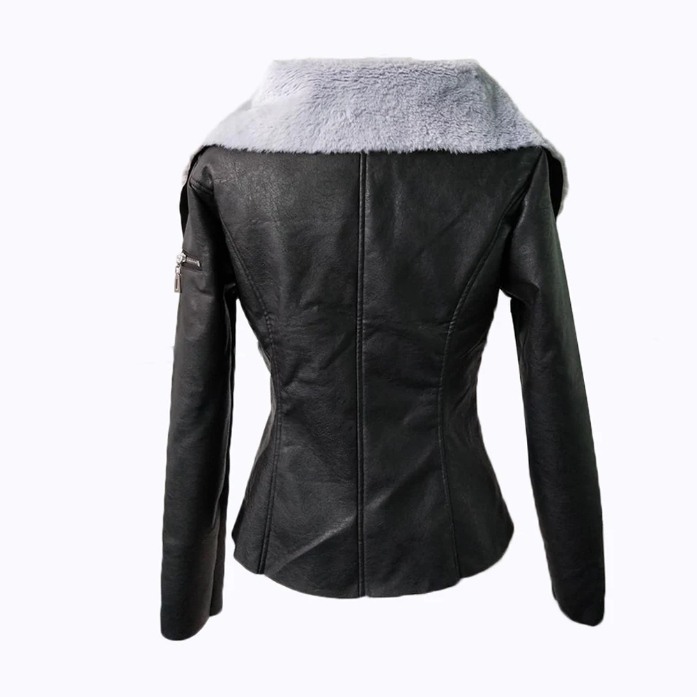 Женское кожаное пальто с воротником из искусственного меха Modecrush черная верхняя