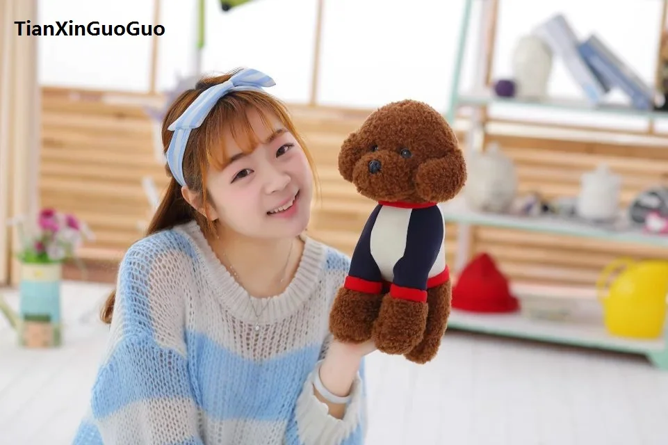 

about 33cm dark brown ted dog dressed cloth,plush toy soft doll throw pillow birthday gift w2007
