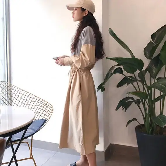 Лоскутная Толстовка Платья женские с длинным рукавом хит цвета Drawstring миди платье