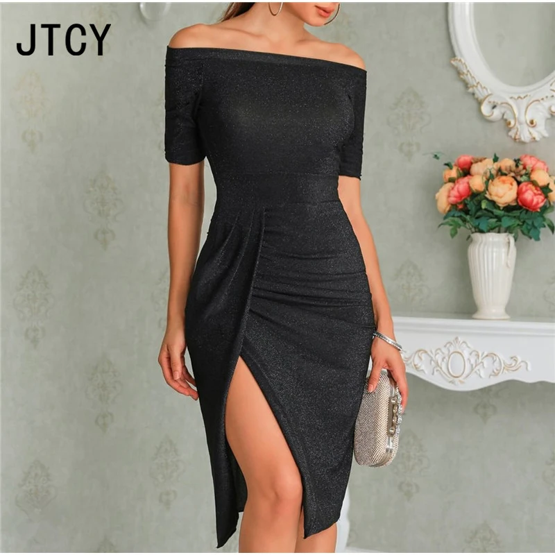 JTCY Black черное сексуальное длинное женское вечернее платье с вырезом лодочкой и