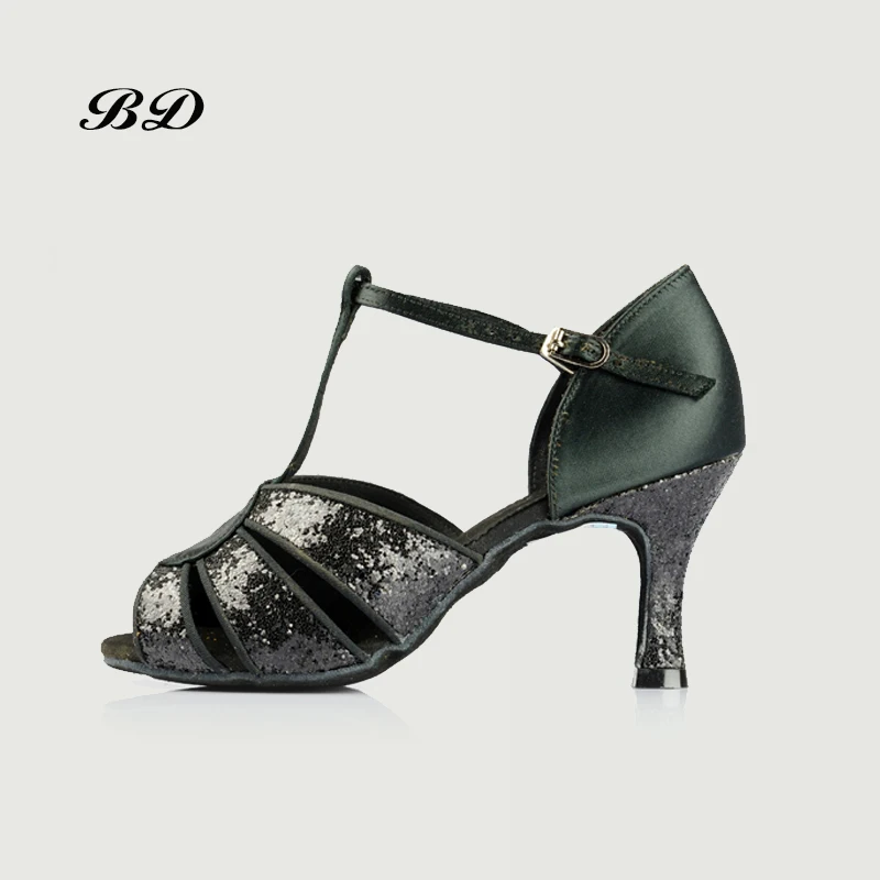 Profession Dance Shoes Ballroom Women Latin Shoes Women Girl Sandals BD 236 Authentic Black Silver Sequins Anti-slip Insoles
