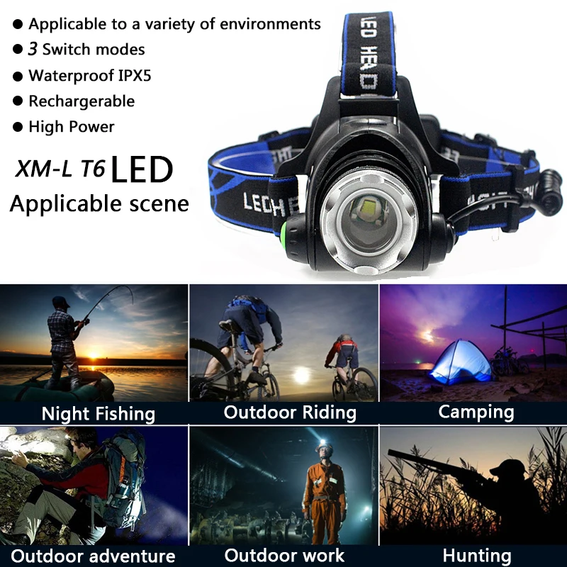 Maimu 5000 lumens led headlamp cree xml t6 xm-l2 Headlights Lantern 4 mode waterproof torch head 18650 Rechargeable Battery D12 | Лампы и
