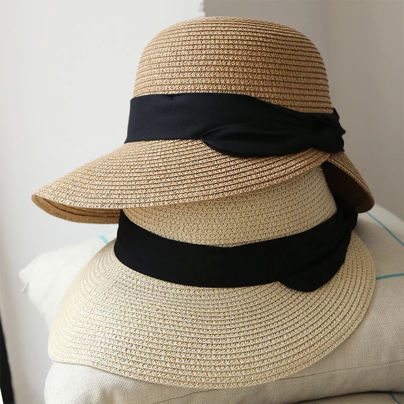 

Шляпа женская Соломенная ручной работы, модная пляжная Панама от солнца с большими полями, складная, с лентой