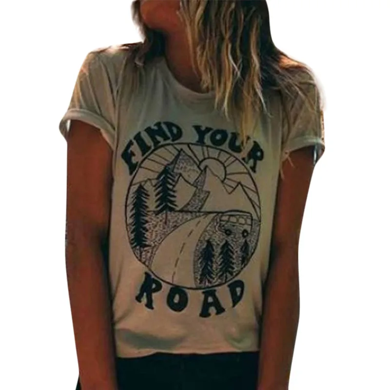 Женская футболка летняя с коротким рукавом и надписью Find Your Road круглым вырезом