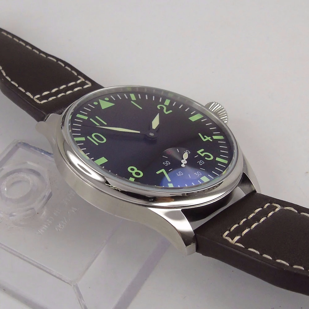Мода 44 мм черный циферблат 17 камней 6498 ручной намоткой двигаться Для мужчин t Для мужчин, мужские часы, светящиеся знаки на кожаном ремешке Relogio P1