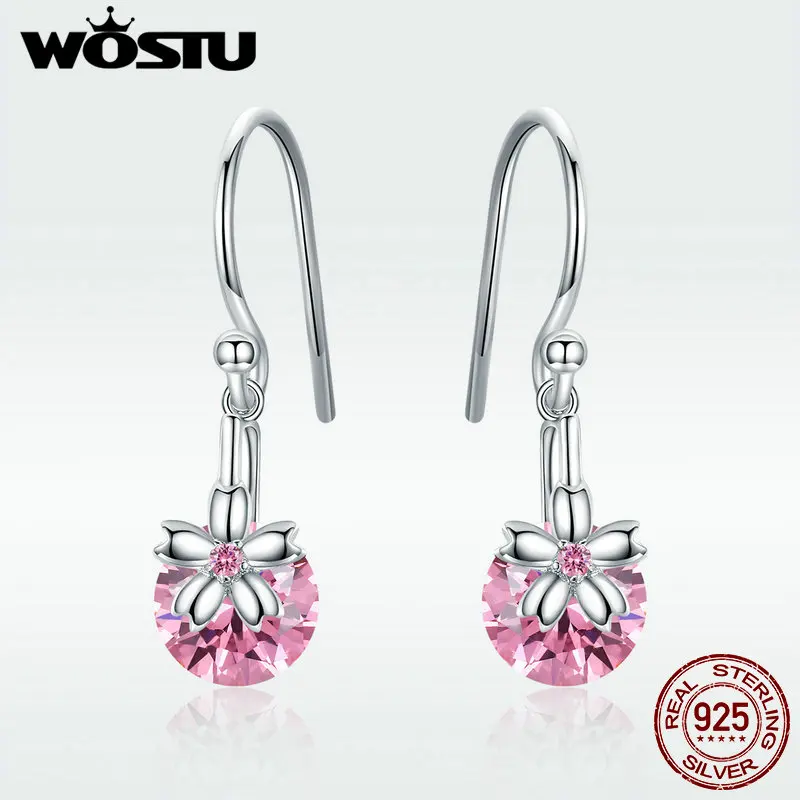WOSTU, Розовый Цветок сакуры, циркониевые Висячие серьги, 925 пробы, серебряные серьги для женщин, свадебные ювелирные изделия в европейском стиле FNE039