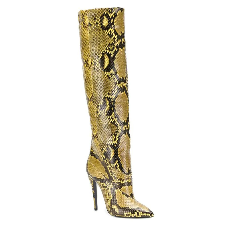 Yellow Snake print Высокие сапоги до колена на высоком каблуке со змеиным принтом женская зимняя обувь женские модные высокие сапоги с острым носком женские сапоги на шпильке - Цвет: Yellow Snake print