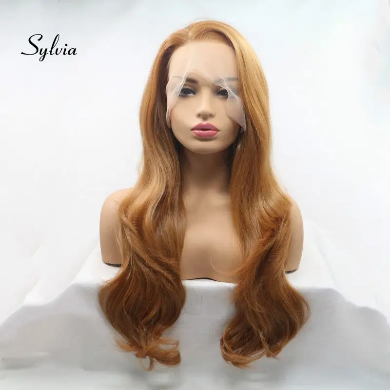 Sylvia карамельный цвет синтетический полный парик шнурка смешанный коричневый парики термостойкие волокна волос тела волна волос ручной работы