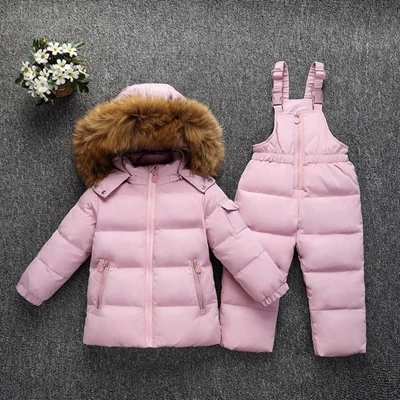 Pink Комплекты одежды для детей зимние парки для девочек куртка на утином пуху с натуральным мехом+ штаны комбинезон для маленьких мальчиков, лыжные костюмы зимний комбинезон, TZ368 - Цвет: Pink