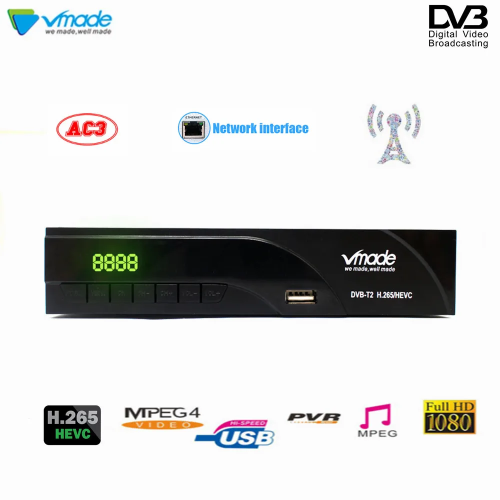 Vmade DVB-T2/T Full HD 1080 P H.265 цифровой ТВ тюнер рецептор поддержка AC3 встроенный RJ45 сетевой наземный приемник телеприставка
