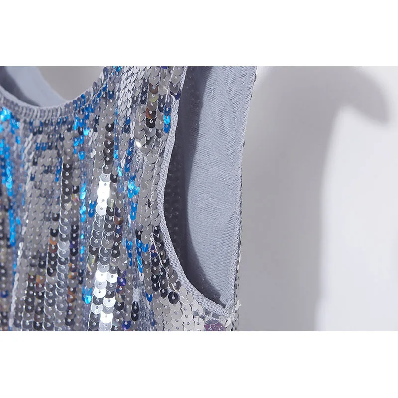 Сексуальный блестящий топ на бретелях с круглым вырезом и кисточками летний