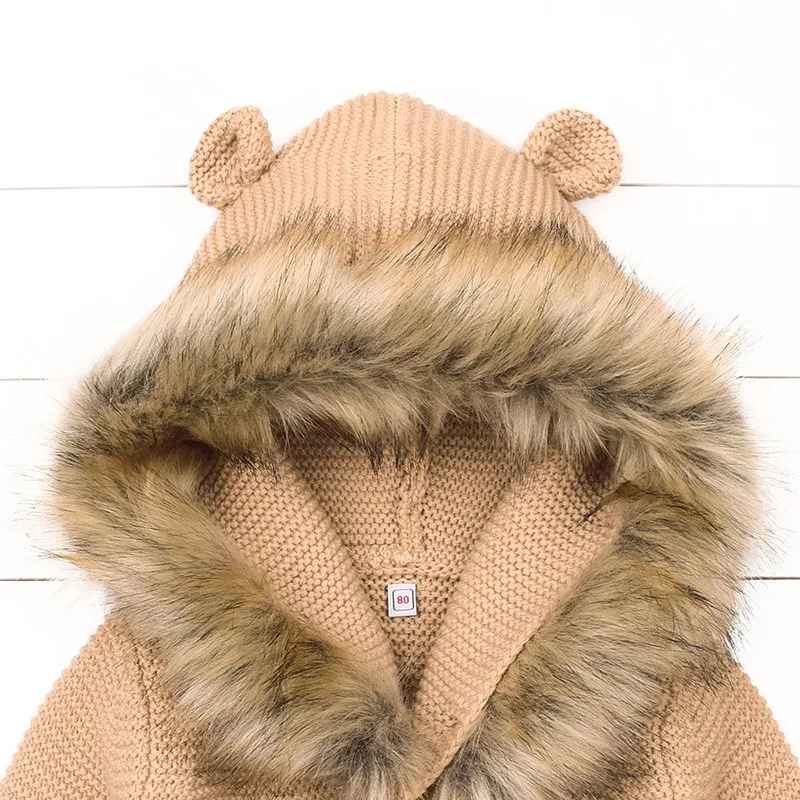 Newborn Winter Warm Baby Boys Knitted Sweater Jacket Hooded Fur Collar Infant Knitwear Cardigan Children Outwear Coat | Детская одежда