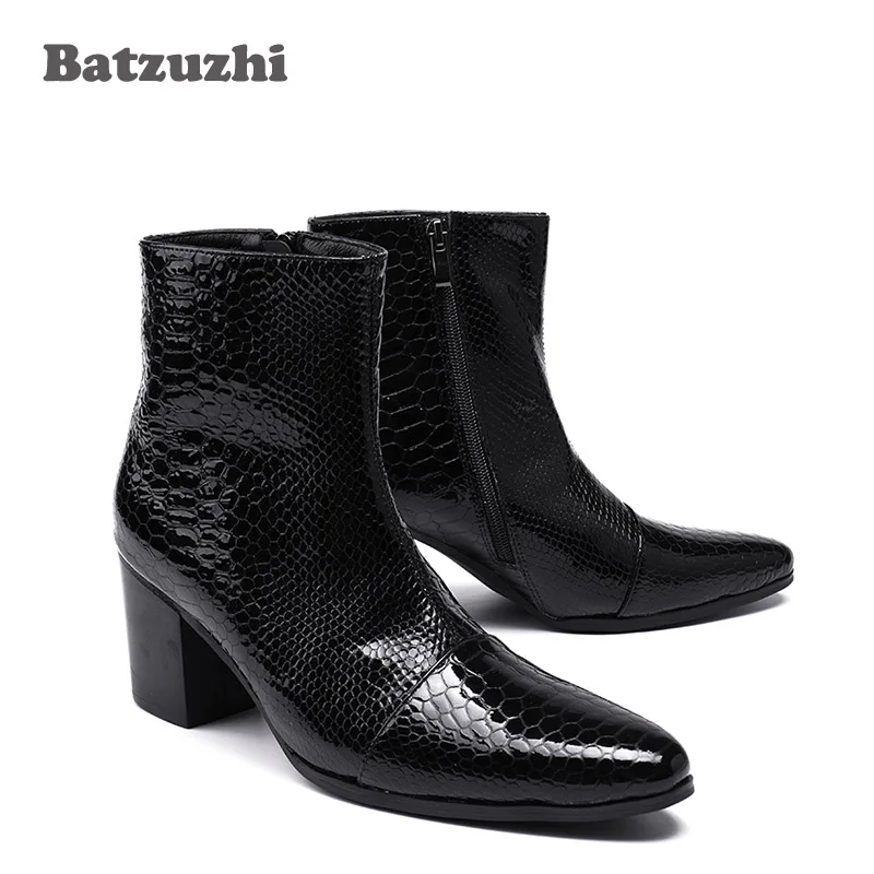 

BatzuzhiMen Boots 7.5CM High Heels Pointed Toe Black Leather Boots Men Handsome Ankle Boots for Men Wedding & Party, Size 38-46