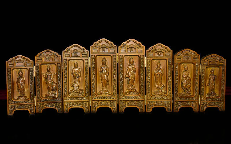 

Рождество Китайский буддизм Boxwood деревянные резные Гуаньинь Богиня Тара Будда статуя экран новый год