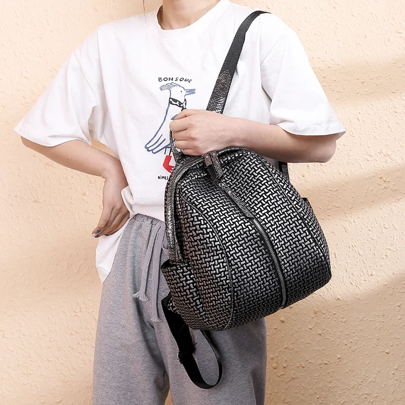 Backpack female 2019 new large capacity woven pattern fashion pu soft leather student bag travel quality | Багаж и сумки