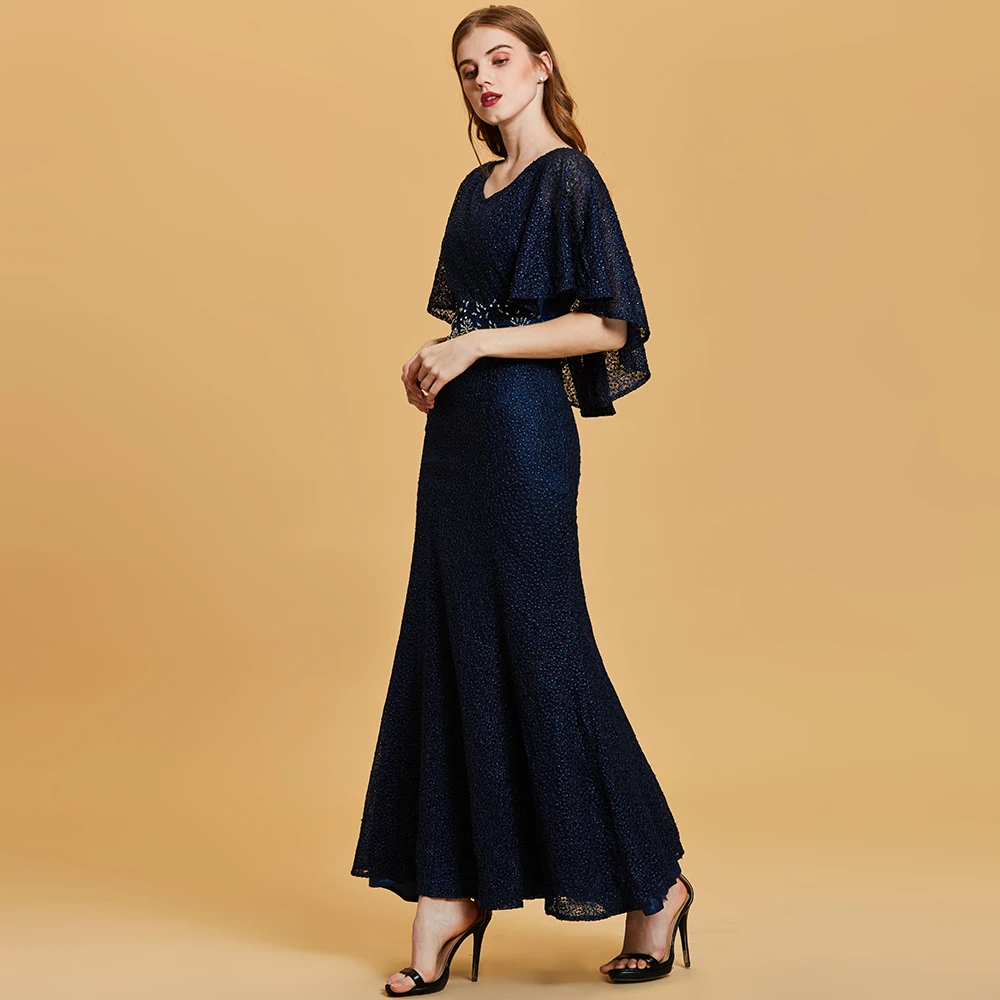 Длинное темно синее вечернее платье Dressv недорогое с глубоким вырезом и бисером
