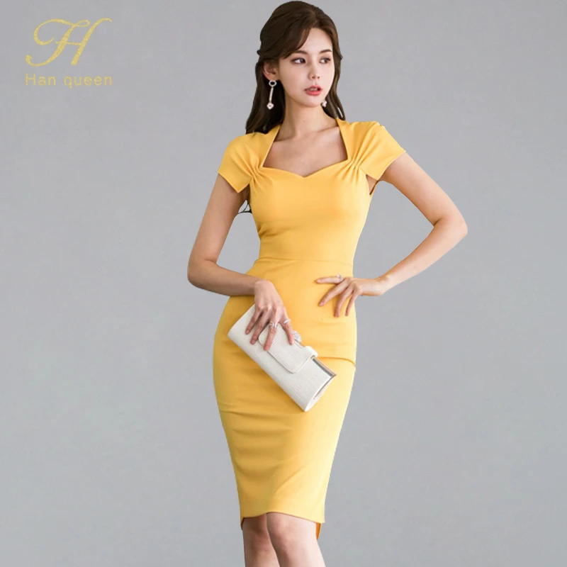 Фото Женское однотонное платье карандаш H Han Queen модное облегающее футляр Офисная