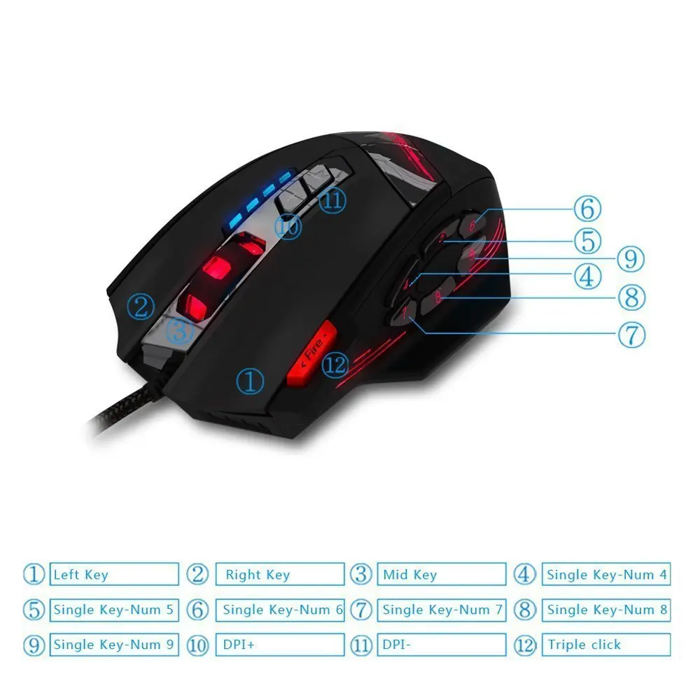 Проводная игровая мышь ZELOTES C12 4000DPI 12 кнопок светодиодный оптическая