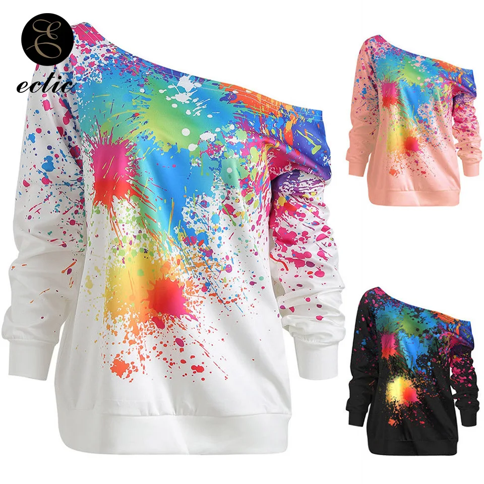 

One Shoulder Sweatshirt Punk Poleron Mujer 2021 Cute Pink Women Paint Splatter Hoodie Black And White Hoodie Ulzzang Long Sleeve