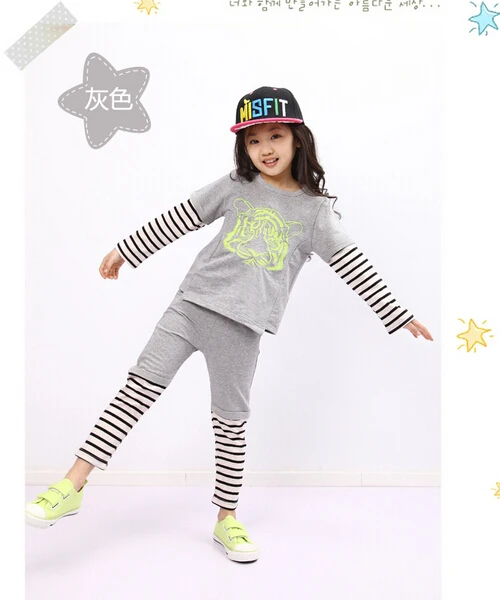 New Hot Fashion Gothic Punk Girl Boys Casual Tracksuits Patchworl Stripes Long Sleeve+Pant 2Pieces Sportswear Tiger Head Printe | Детская