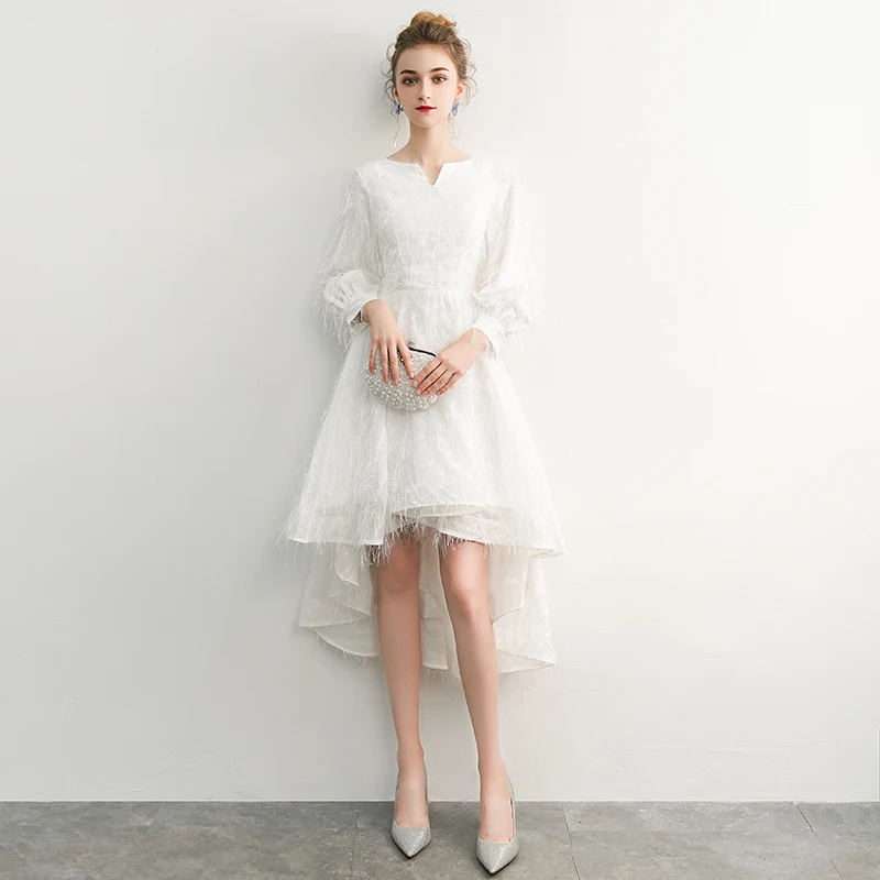 

Robe De Soiree 2020 White Elegant A Line V Neck Long Sleeve High Low Lace Evening Dresses Party Gowns Vestido De Festa LYFY12
