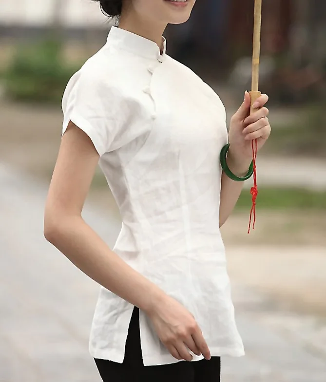 Женская рубашка с коротким рукавом в традиционном китайском стиле Ципао белая