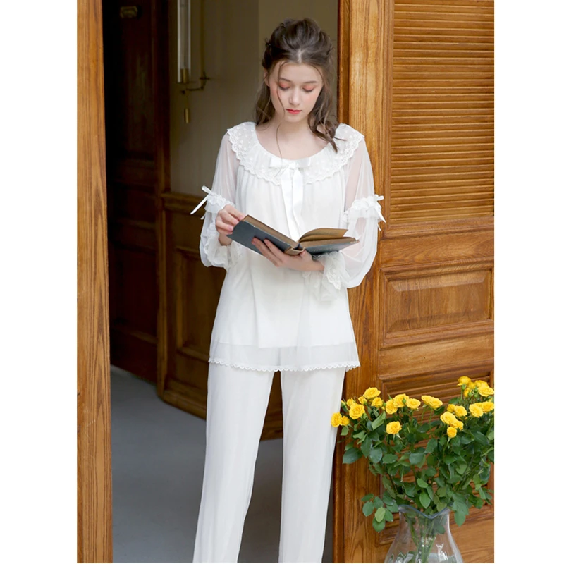 2019 Spring Pajama Set Vintage Sleepwear Women Lace Ruffled Long Sleeve Pyjama Femme Night Sleep Wear Home Suit Lounge T420 | Женская