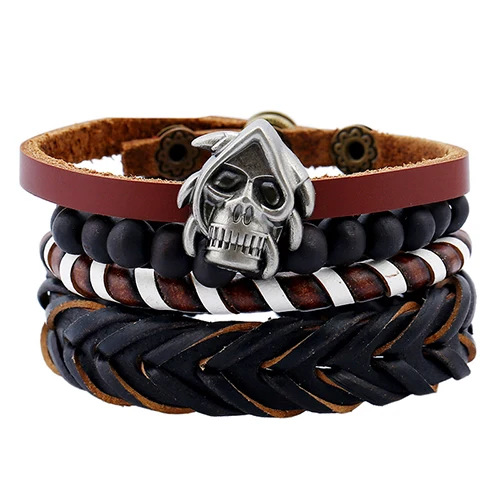 Skull head 4 шт., винтажный многослойный, из полиуретановой кожи, браслеты для мужчин, Браслет-манжета, браслет с бусинами и черепом, мужские браслеты, распродажа - Окраска металла: Skull head