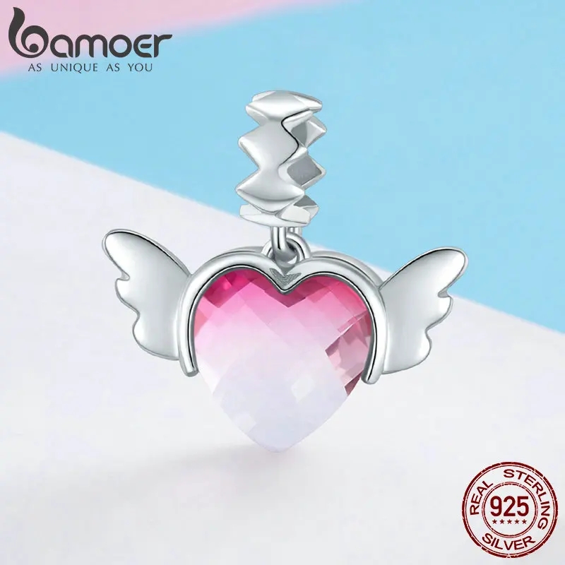 BAMOER 925 пробы серебра «любящее сердце» крылья Розовый и красный цвет с украшением в виде кристаллов CZ кулон Подвески Fit Браслеты и ожерелья DIY ювелирных изделий SCC846