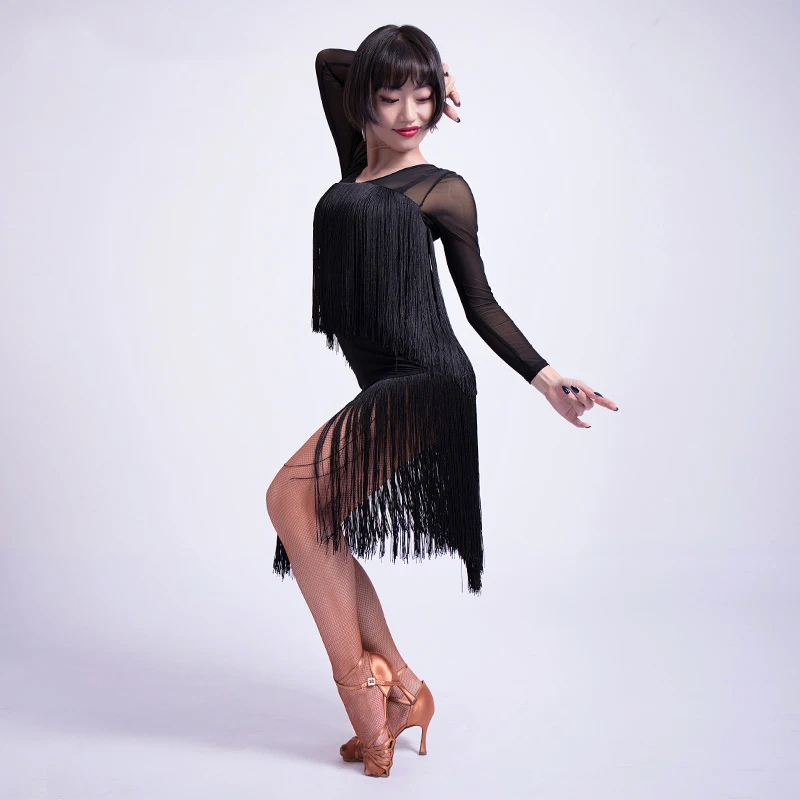 Латинское танцевальное платье женское черное леопардовое Сетчатое с кисточками