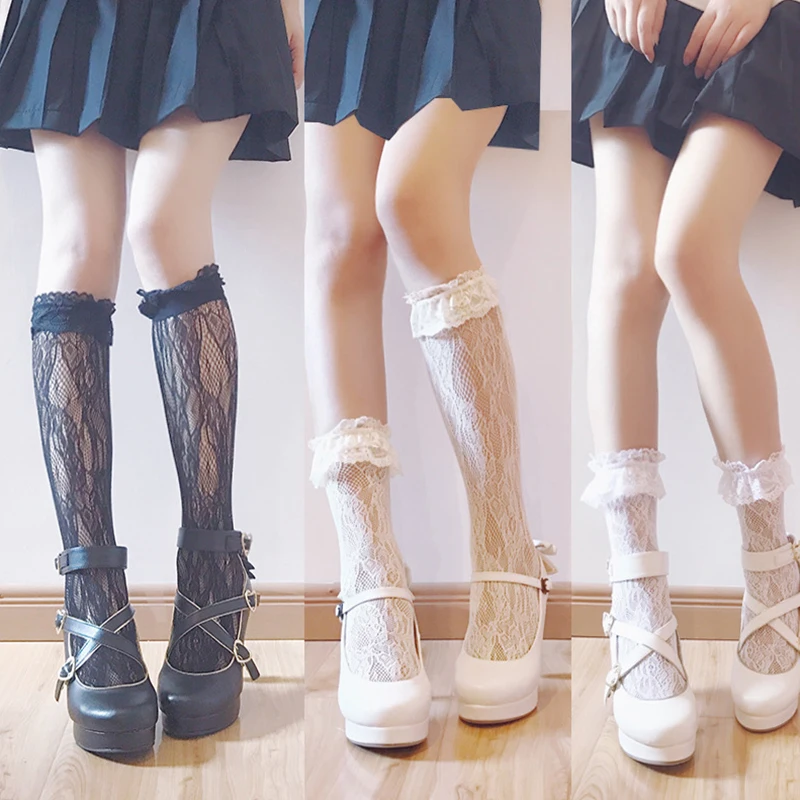 

Sweet Women Lolita Lace Sock Thin Soft Flower Lacing Japanese Lolita Vintage Retro Solid Socks Muti Colors J055