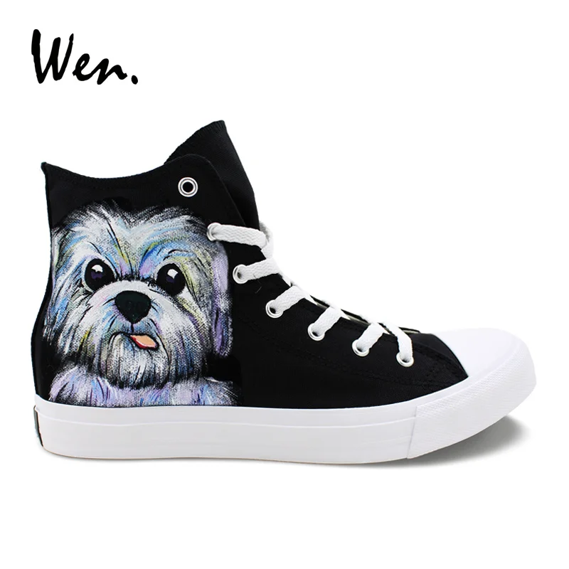

Wen Female High Top Canvas Shoes Pet Dog Hand Painted Design Shoes Black Male Casual Sneaker Boy Girl's Plimsolls Big Size 46-49