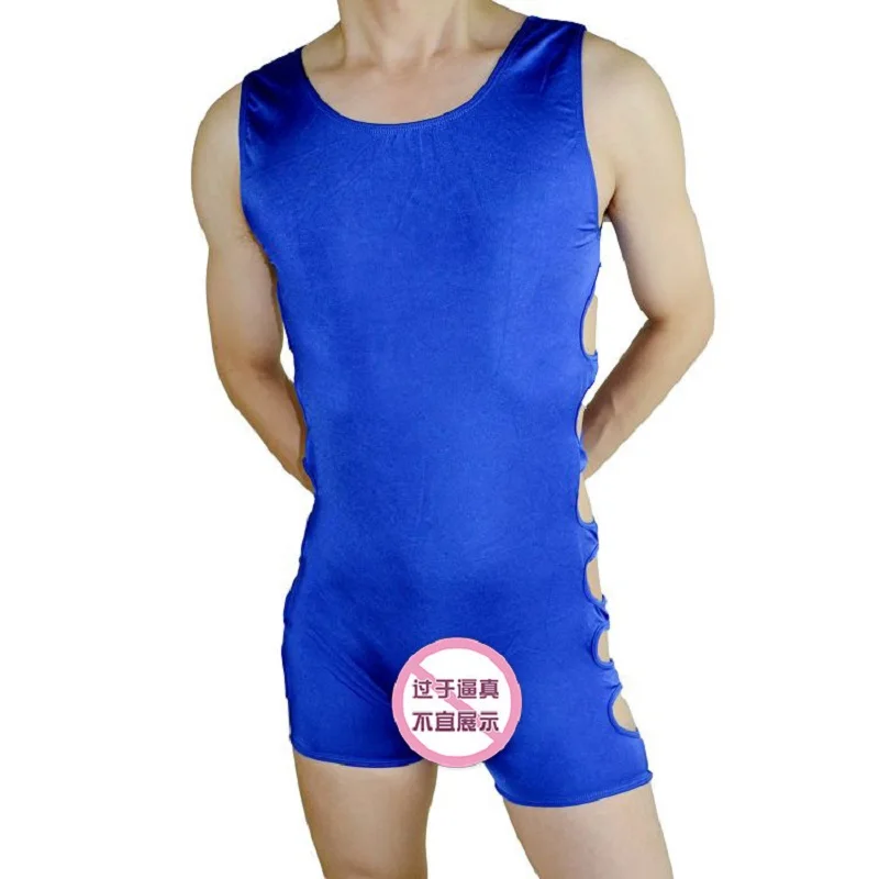 Brand hot Sexy mens hollow shaper underwear blue onesies man bodysuit panties