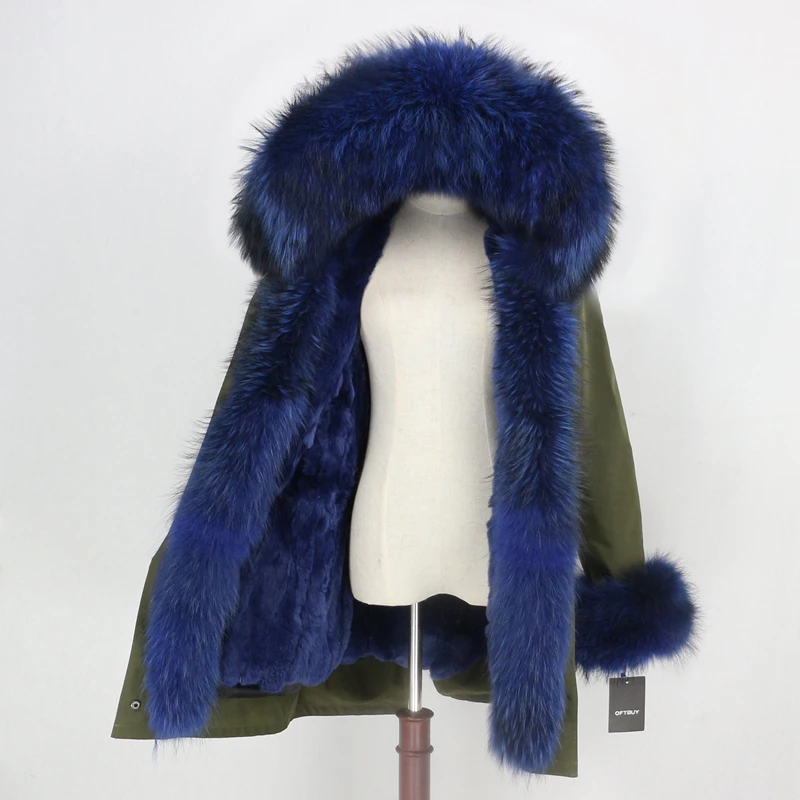 green light blue OFTBUY Водонепроницаемая парка зимняя куртка женская шуба из натурального меха енота воротник капюшон Подкладка из натурального кроличьего меха уличная одежда - Цвет: green light blue