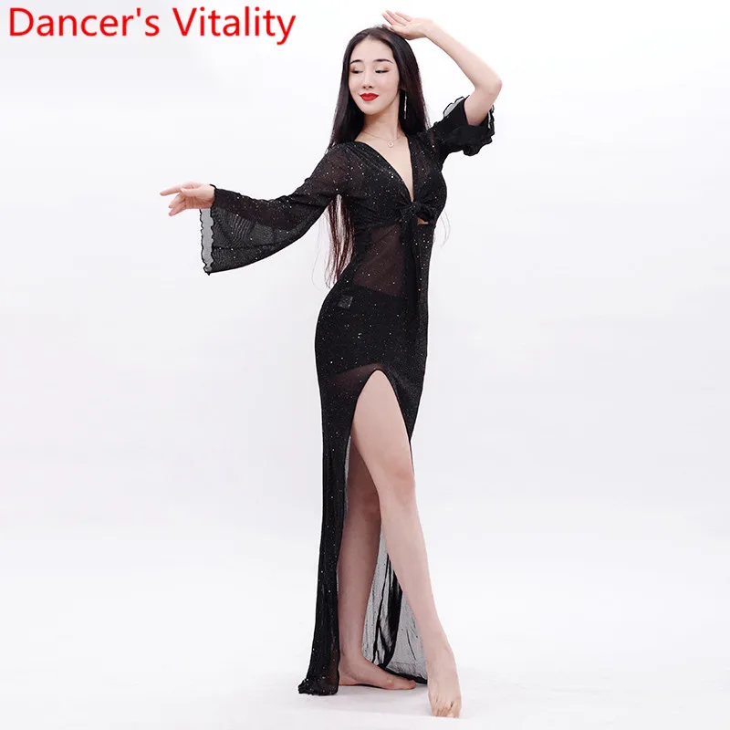 Женское платье для танца живота с рукавами фонариками и высоким разрезом