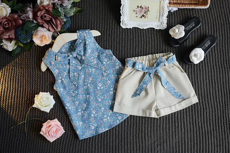 2018 Новый стильный костюм с цветочным принтом для девочек шорты без рукавов