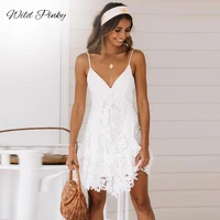 wildpinky sexy white dress women spaghetti strap lace mini dress deep v backless lace up clubwear party beach dresses vestidos