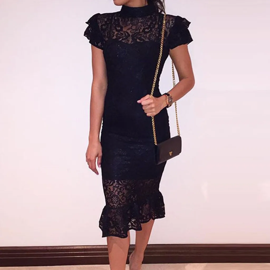 

Summer explosion dress fashion ladies sexy short-sleeved lace dress short-sleeved hollow O-neck split dress robe femme 40*