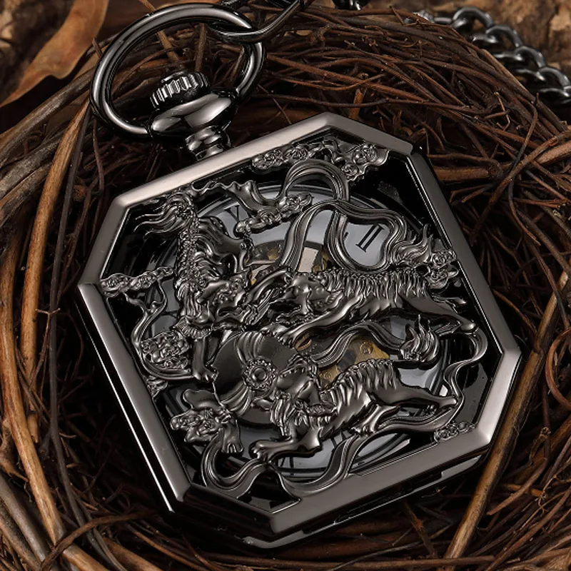

Black Hollow Chinese Mascot Lion Hand Wind Mechanical Pocket Watch Men Retro Skeleton Fob Chain Watch Steampunk Clock Gift Box