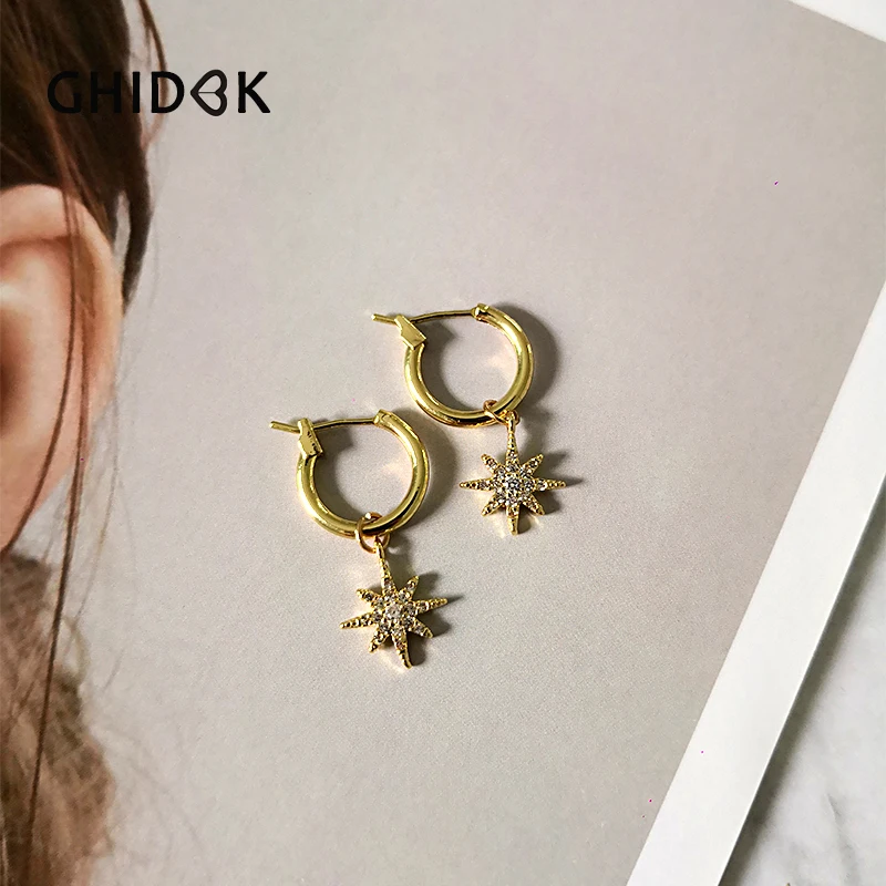 Серьги кольца GHIDBK золотистые с восьмиконечными звездами женские серьги в виде
