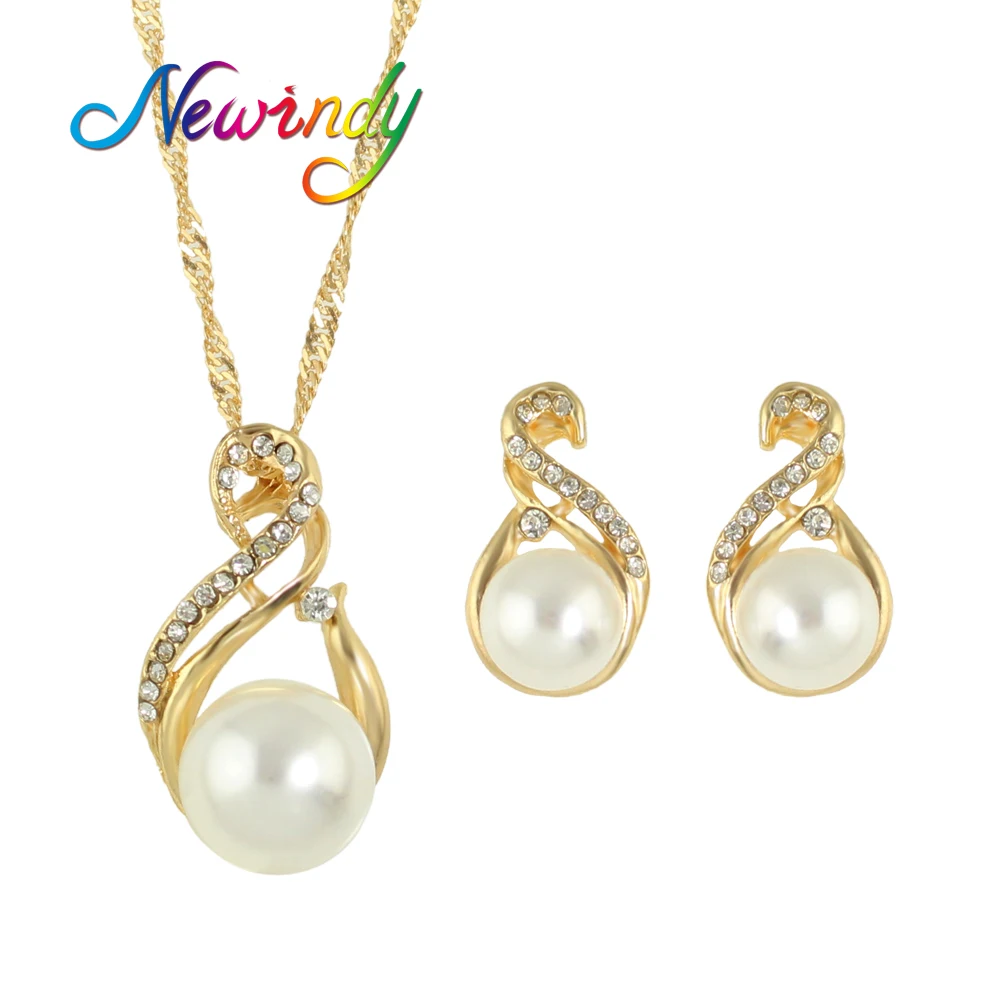 Newindy Jewelry Gold-Color Silver Color Chain With Rhinestone and Simulated Pearl Pendant Necklace Stud Earring Bijoux Femme | Украшения и