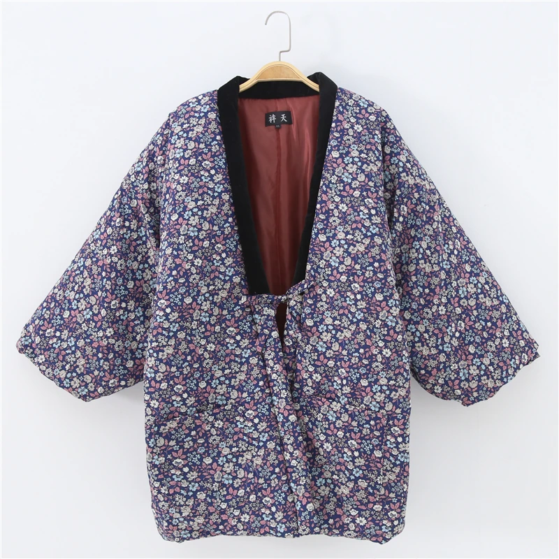 Зимнее женское кимоно Haori, толстая теплая хлопковая стеганая куртка, осенняя Повседневная Домашняя одежда, женское однотонное Свободное пальто H9025