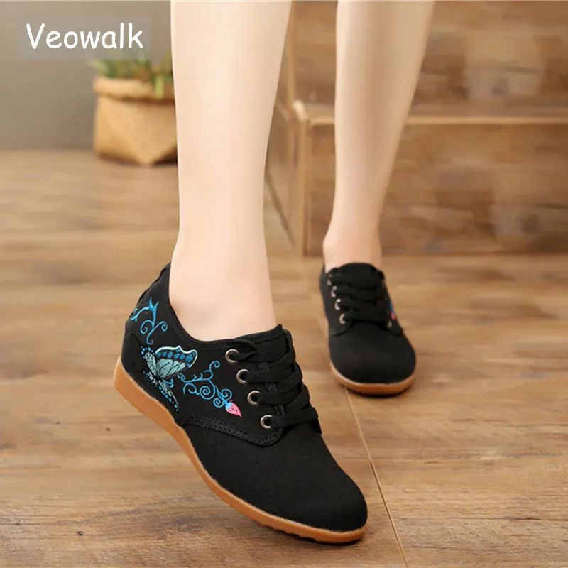 Кеды Veowalk женские на скрытой платформе холщовые туфли дерби с вышивкой бабочки