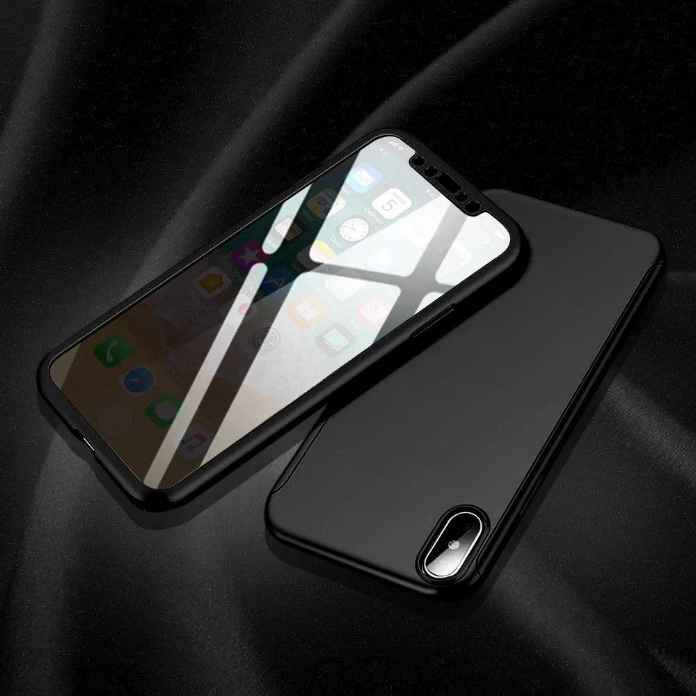 360 полный защитный чехол для телефона s для iPhone 7 8 Plus 6 6s Plus 5 5S SE X 10 чехол Fundas для iPhone X XR XS Max чехол со стеклом - Цвет: Черный