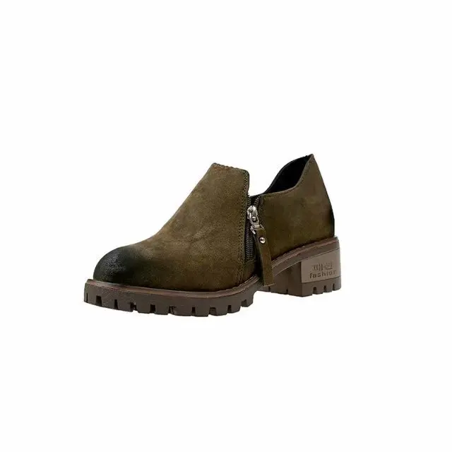 2018 autumn new Korean students round head with heel single shoes side zipper scrub casual | Обувь