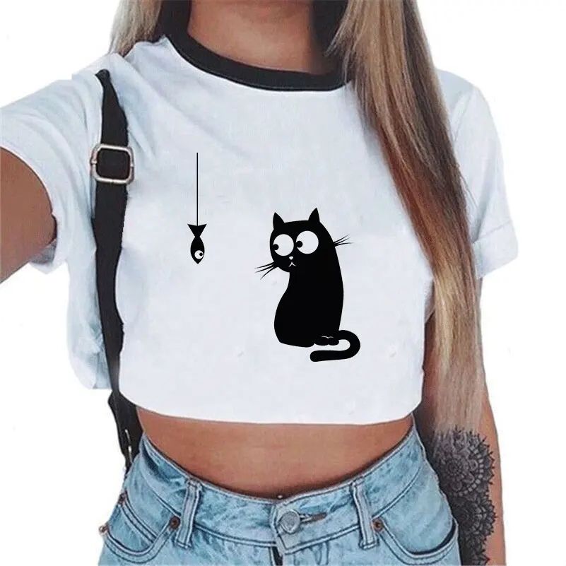 

Cat Looking Out Side Print Women Tshirt Cotton Casual Funny Cartoon T Shirt Crop Tops O-neck Short Sleeve T-shirt Harajuku Tees